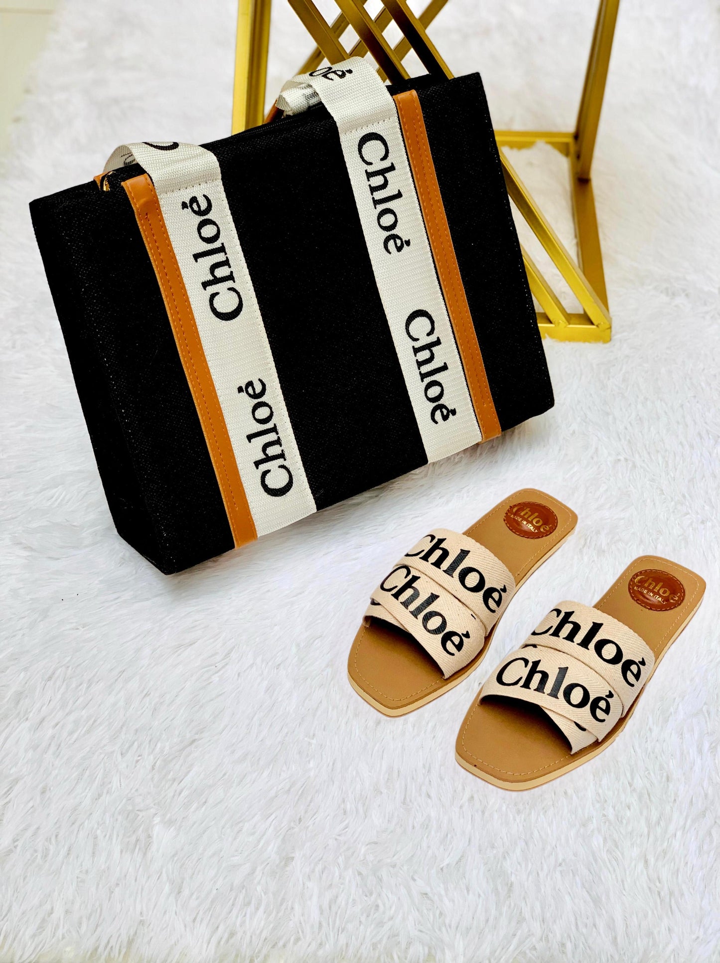 Classic Black Canvas Bag with Matching Slides