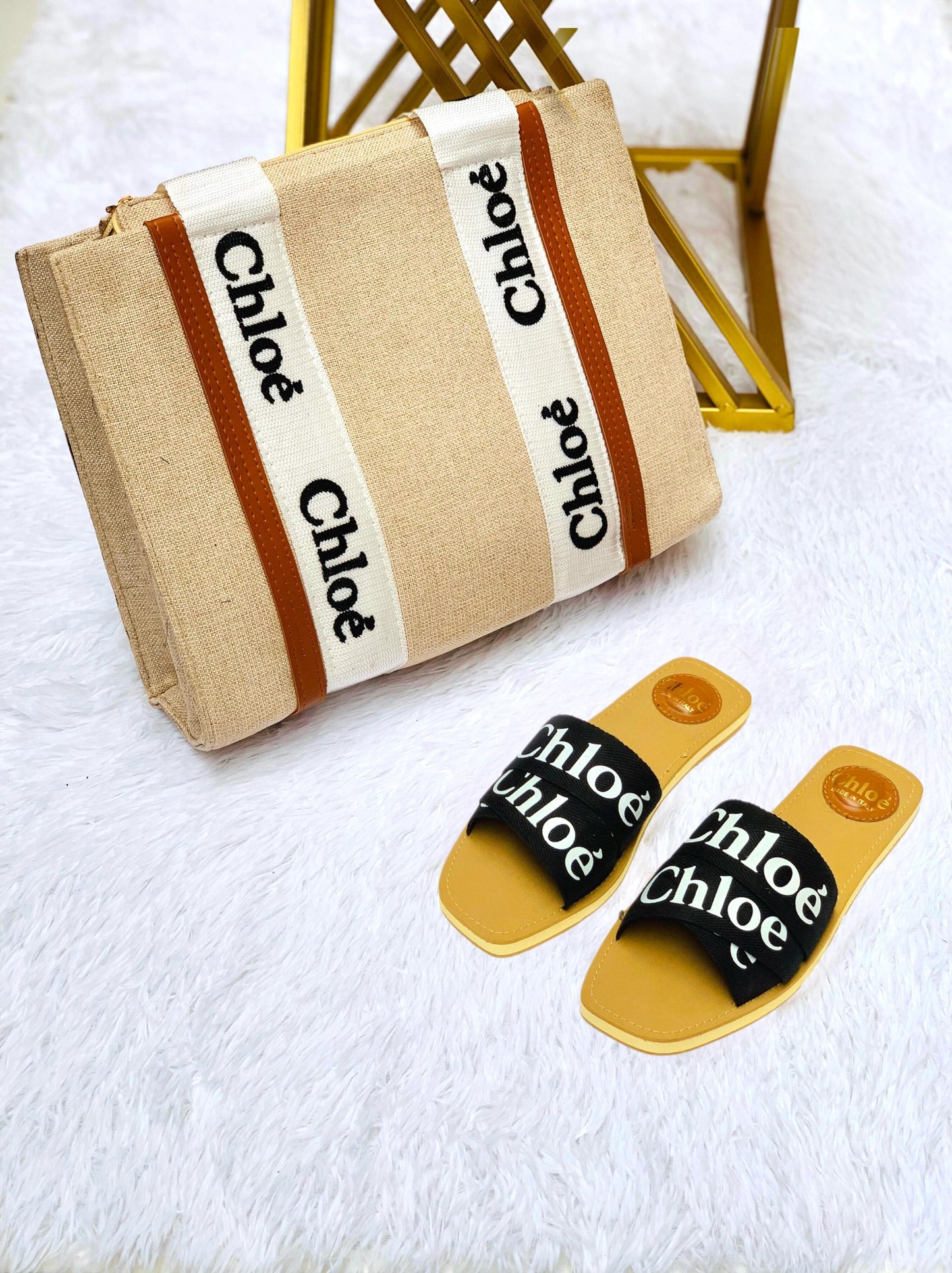 Classic Black Canvas Bag with Matching Slides