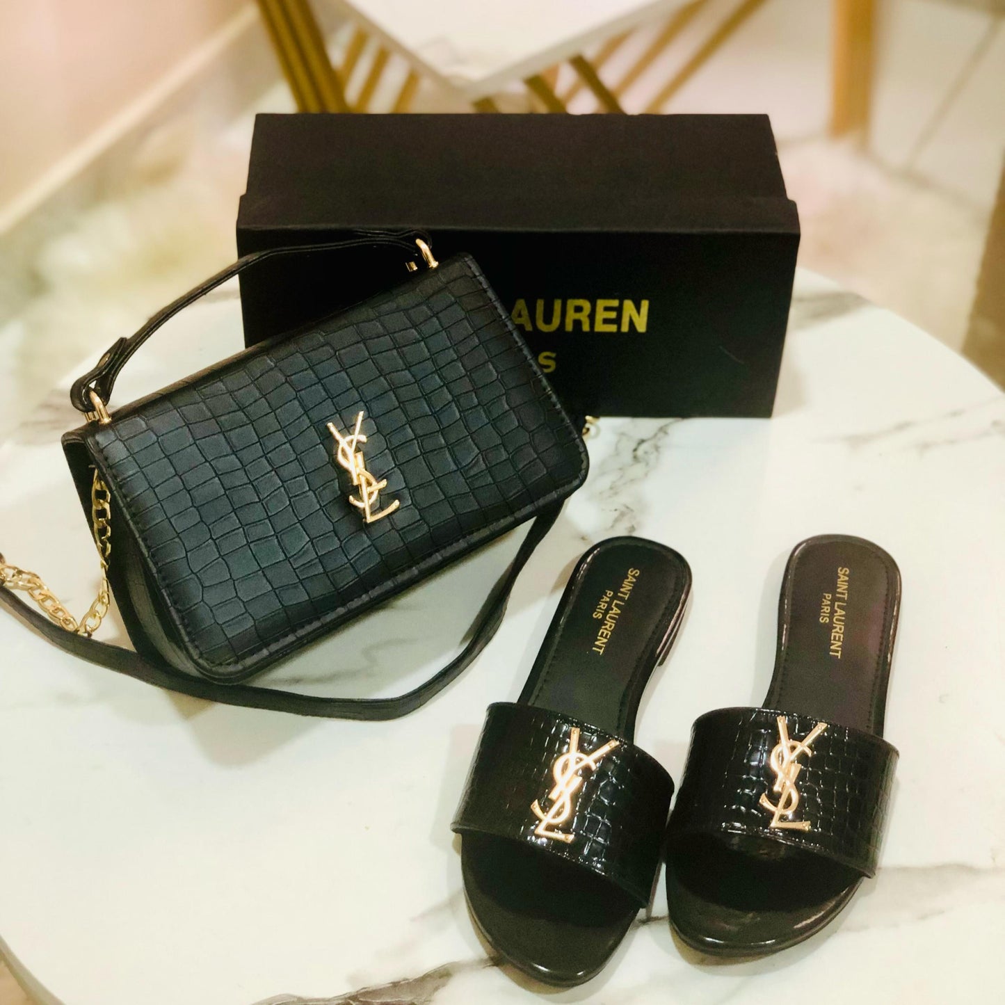 Elegant Croc-Texture Handbag & Slides Set – Black | White | Gold