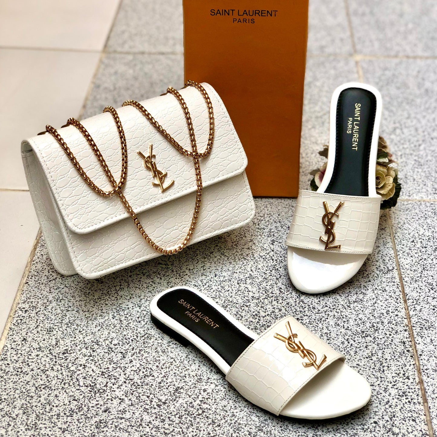 Elegant Croc-Texture Handbag & Slides Set – Black | White | Gold