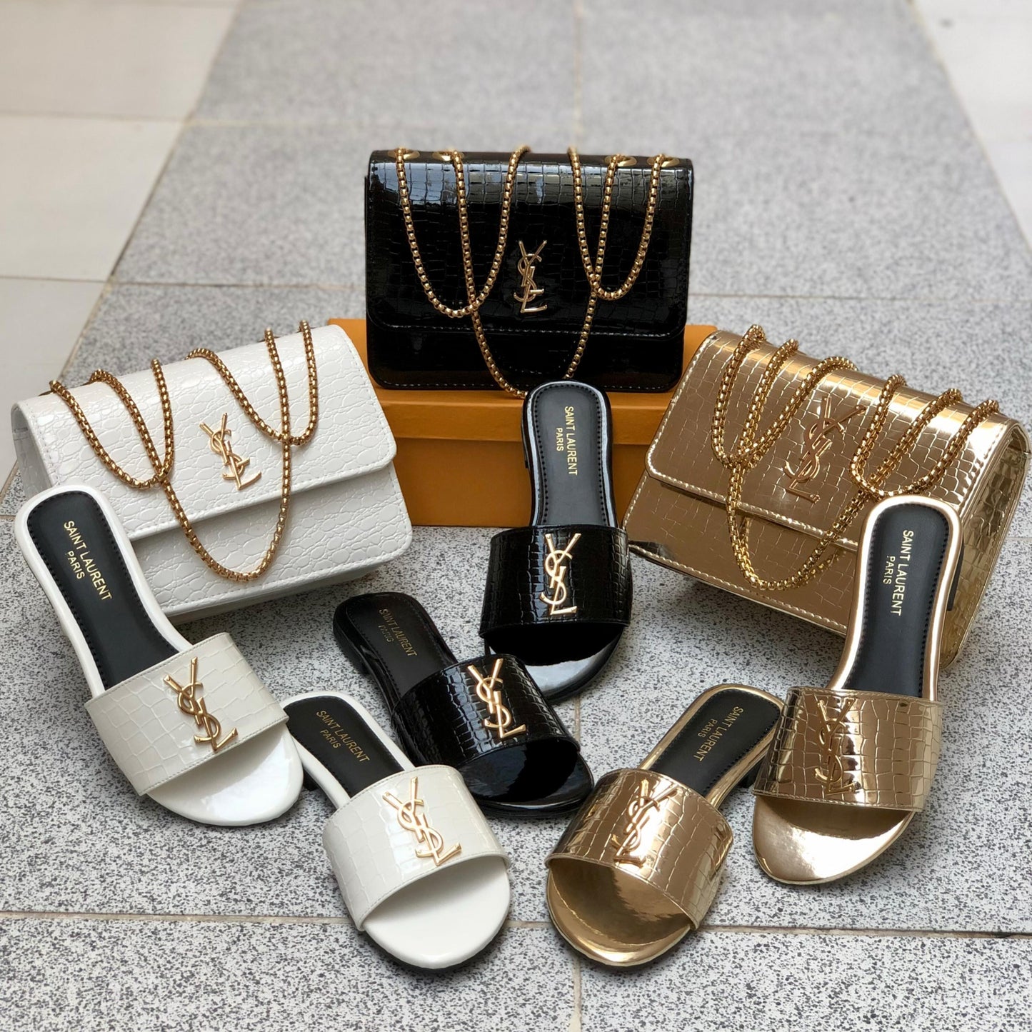 Elegant Croc-Texture Handbag & Slides Set – Black | White | Gold