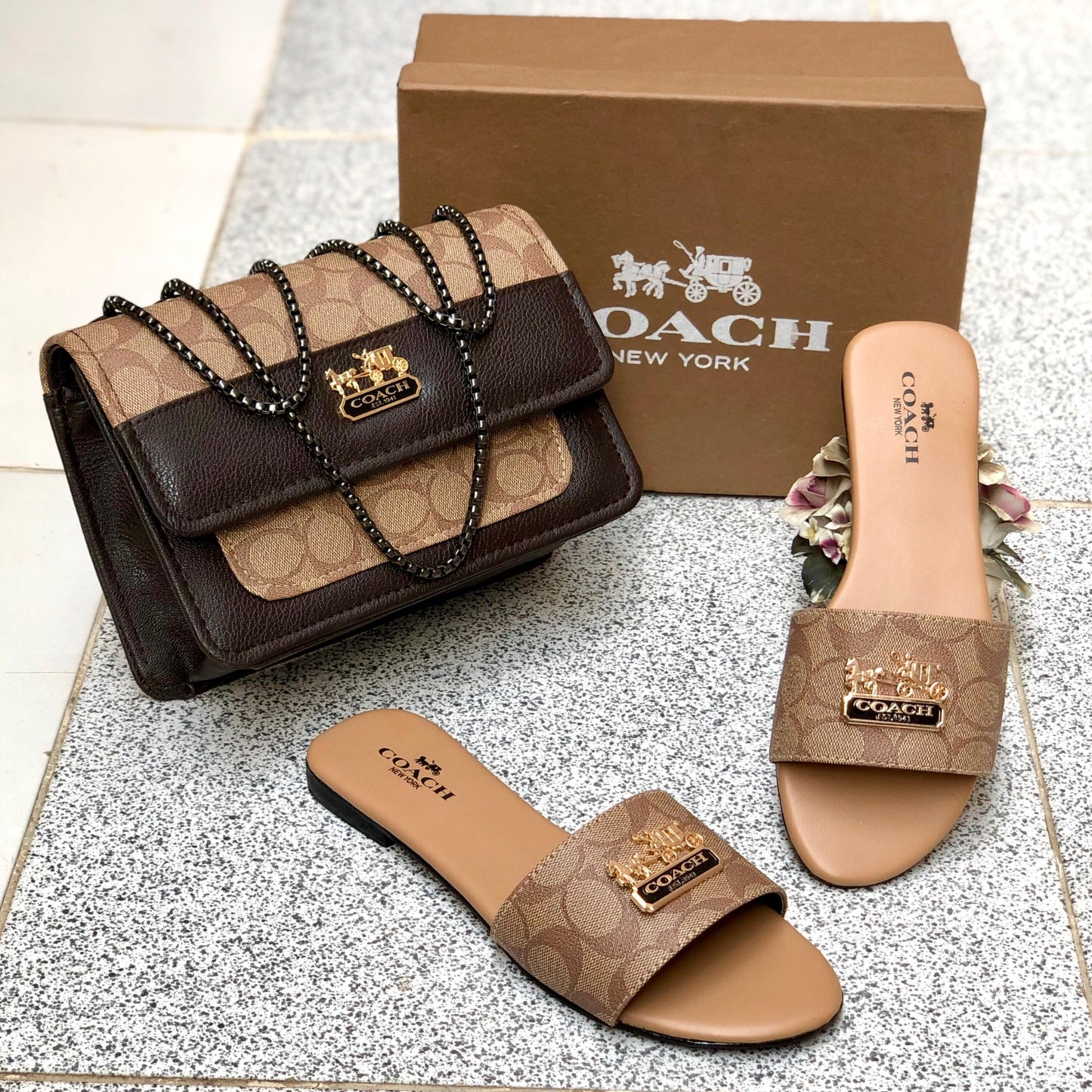 Elegant Black Handbag & Slides Set – Premium Style Combo
