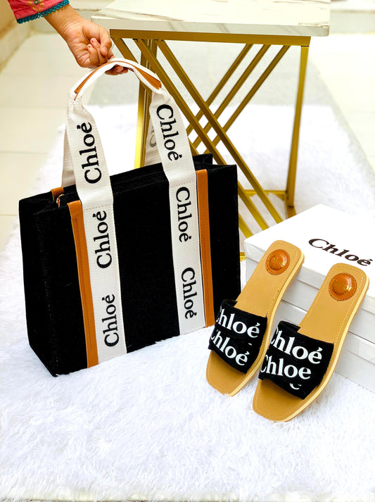 Classic Black Canvas Bag with Matching Slides