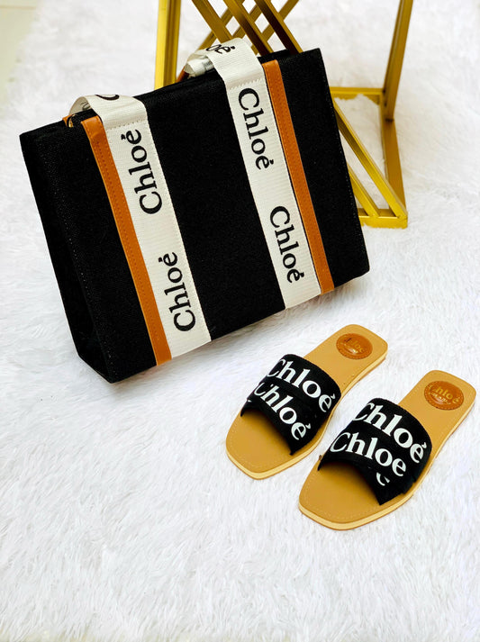 Classic Black Canvas Bag with Matching Slides