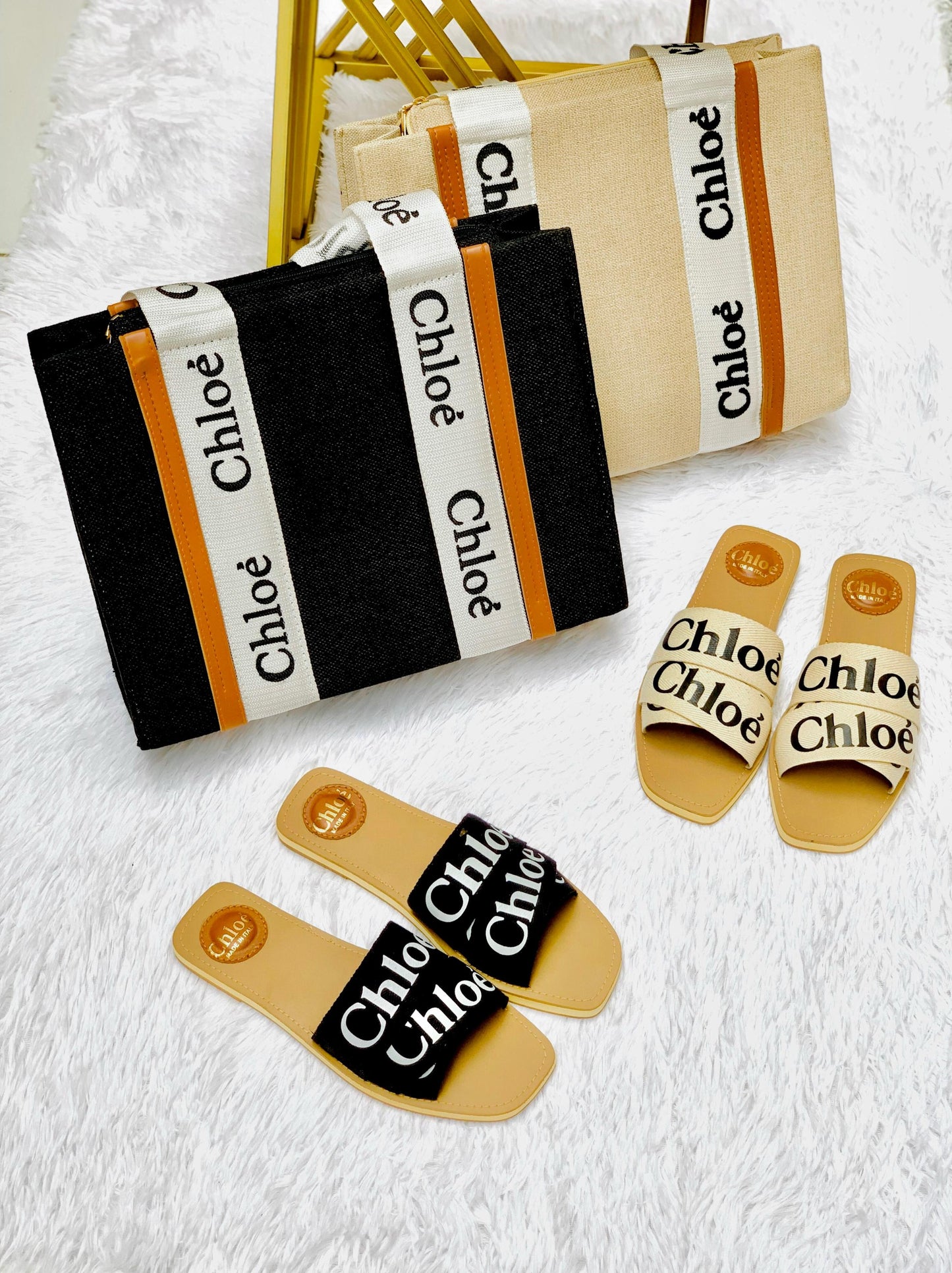 Classic Black Canvas Bag with Matching Slides