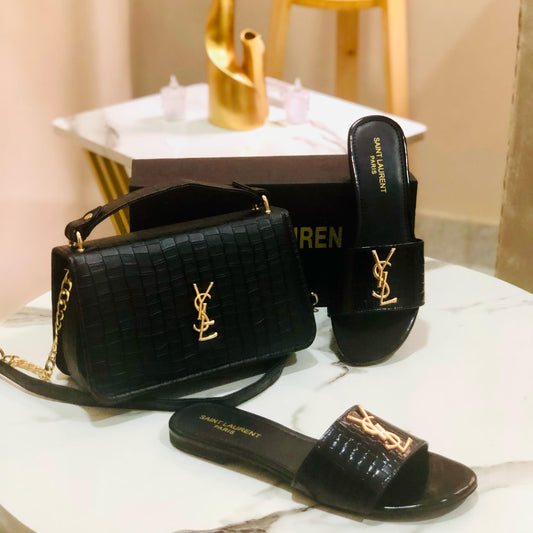 Elegant Croc-Texture Handbag & Slides Set – Black | White | Gold