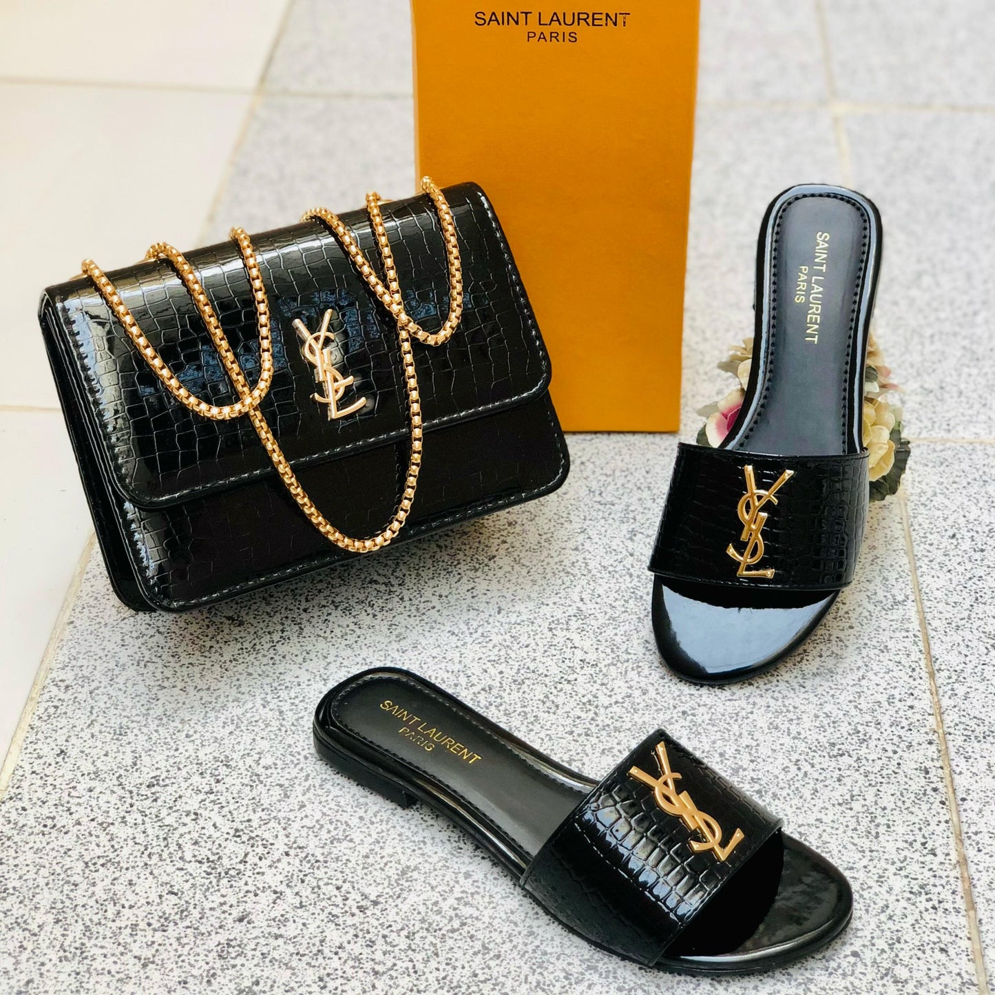 Elegant Croc-Texture Handbag & Slides Set – Black | White | Gold