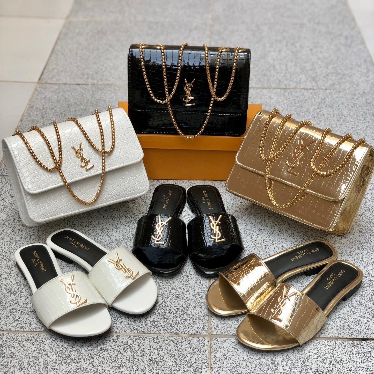 Elegant Croc-Texture Handbag & Slides Set – Black | White | Gold